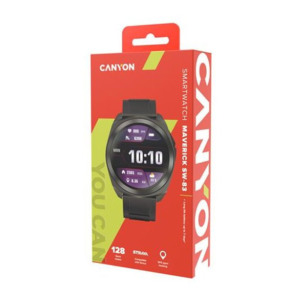 Canyon SW-83, Maverick, smart hodinky, GPS, BT, fareb. LCD displej 1.32 ", vodotes. IP68, 128 športů, černé