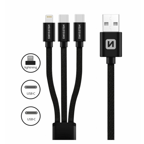 Datový kabel Swissten textilní 3 v 1, 1,2 m, Lightning, 2 x USB-C, černý