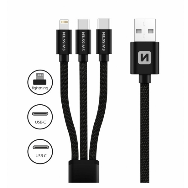 Datový kabel Swissten textilní 3 v 1, 1,2 m, Lightning, 2 x USB-C, černý Datový kabel Swissten textilní 3 v 1, 1,2 m, Lightning, 2 x USB-C, černý