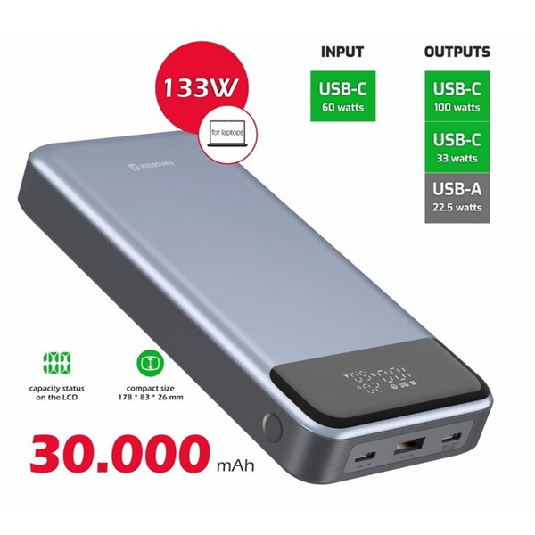 Swissten Power powerbanka 30000 mAh, 133 W, PD, šedá Swissten Power powerbanka 30000 mAh, 133 W, PD, šedá