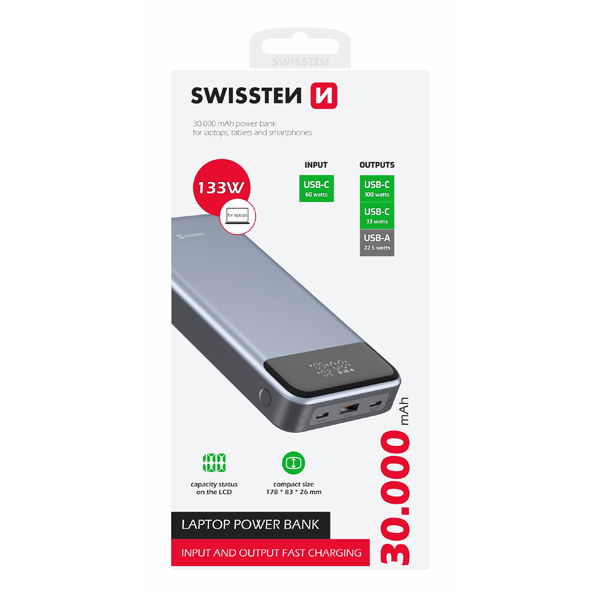 Swissten Power powerbanka 30000 mAh, 133 W, PD, šedá