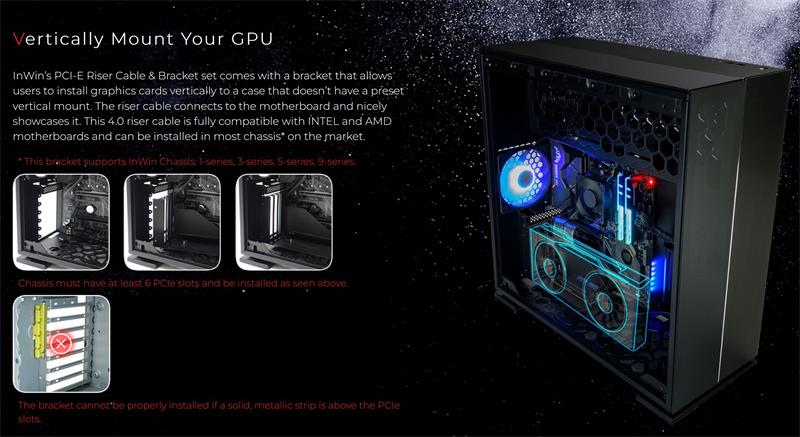 InWin PCI-E 4.0x16 Riser Cable & Bracket (Vertically Mount GPU Adapter) InWin PCI-E 4.0x16 Riser Cable & Bracket (Vertically Mount GPU Adapter)