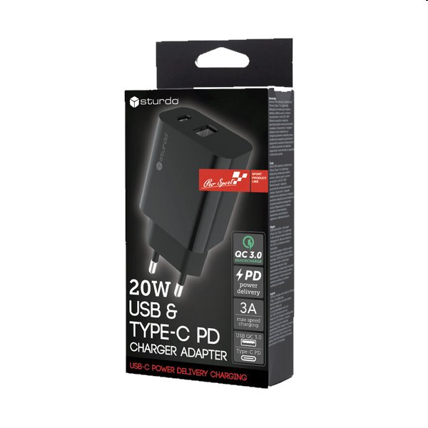 Sturdo Síťová nabíječka 3A, PD, 20W+QC, 18W, černá Sturdo Síťová nabíječka 3A, PD, 20W+QC, 18W, černá