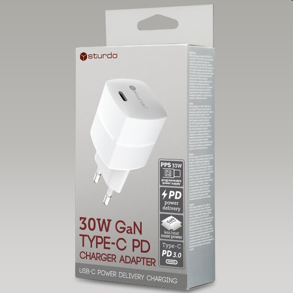 Sturdo Síťová nabíječka mini GaN 30W, PD, 3A, bílá Sturdo Síťová nabíječka mini GaN 30W, PD, 3A, bílá