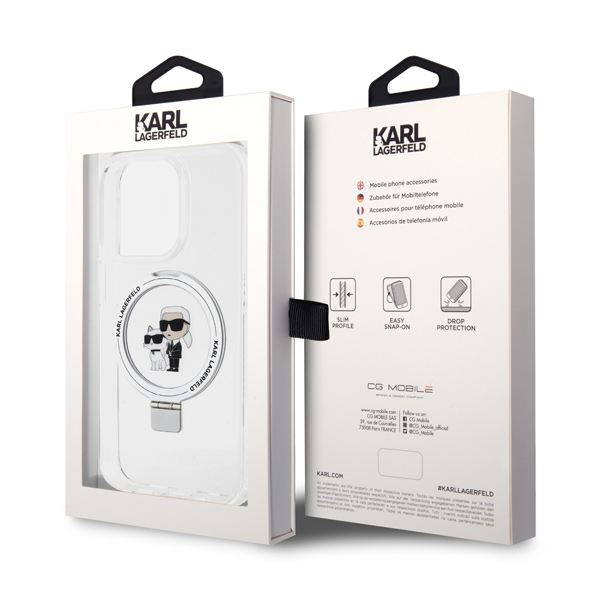 Zadní kryt Karl Lagerfeld Ringstand Karl and Choupette MagSafe iPhone 15 Pro, bílý