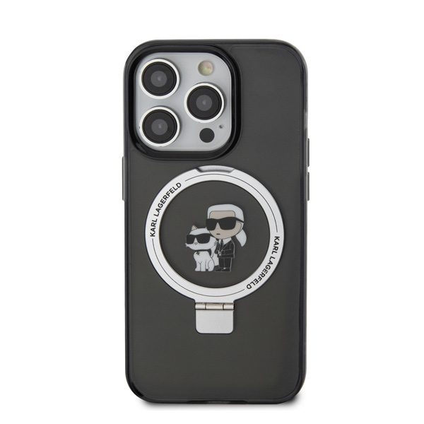 Zadný kryt Karl Lagerfeld Ringstand Karl and Choupette MagSafe pro iPhone 15 Pro, černý