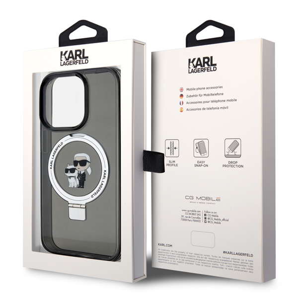 Zadný kryt Karl Lagerfeld Ringstand Karl and Choupette MagSafe pro iPhone 15 Pro Max, černý