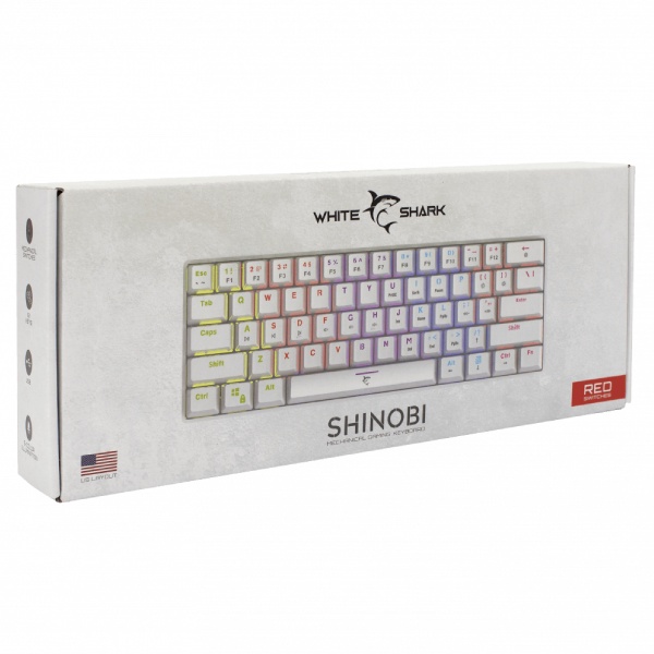 White Shark mechanická herní klávesnice SHINOBI, US, červený switch, bílá White Shark mechanická herní klávesnice SHINOBI, US, červený switch, bílá