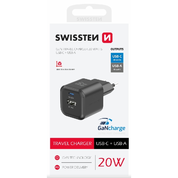SWISSTEN GaN network adapter 1x USB-C 20 W PD + 1x USB-A 18 W QC, black SWISSTEN GaN network adapter 1x USB-C 20 W PD + 1x USB-A 18 W QC, black