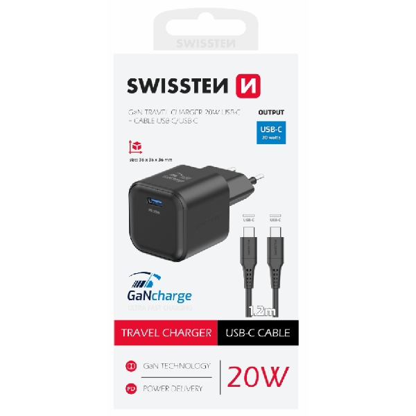 SWISSTEN GaN network adaptér 1x USB-C 20 W PD, black + Data cable USB-C/USB-C 1,2 m, black SWISSTEN GaN network adaptér 1x USB-C 20 W PD, black + Data cable USB-C/USB-C 1,2 m, black