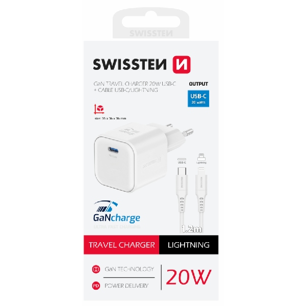 SWISSTEN GaN network adaptér 1x USB-C 20 W PD, white + Data cable USB-C/Lighting 1,2 m, white SWISSTEN GaN network adaptér 1x USB-C 20 W PD, white + Data cable USB-C/Lighting 1,2 m, white