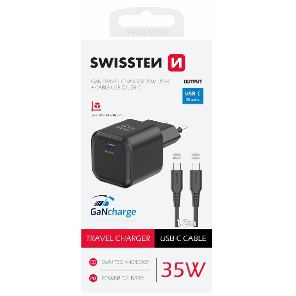 SWISSTEN GaN network adaptér 1x USB-C 35 W PD, black + Data cable USB-C/USB-C 1,2 m, black SWISSTEN GaN network adaptér 1x USB-C 35 W PD, black + Data cable USB-C/USB-C 1,2 m, black