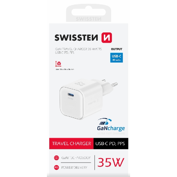SWISSTEN GaN network adapter 1x USB-C 35 W PD, white SWISSTEN GaN network adapter 1x USB-C 35 W PD, white