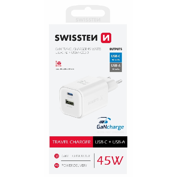 SWISSTEN GaN síťový adaptér 1x USB-C 45 W PD + 1x USB-A 18 W QC, bílý SWISSTEN GaN síťový adaptér 1x USB-C 45 W PD + 1x USB-A 18 W QC, bílý