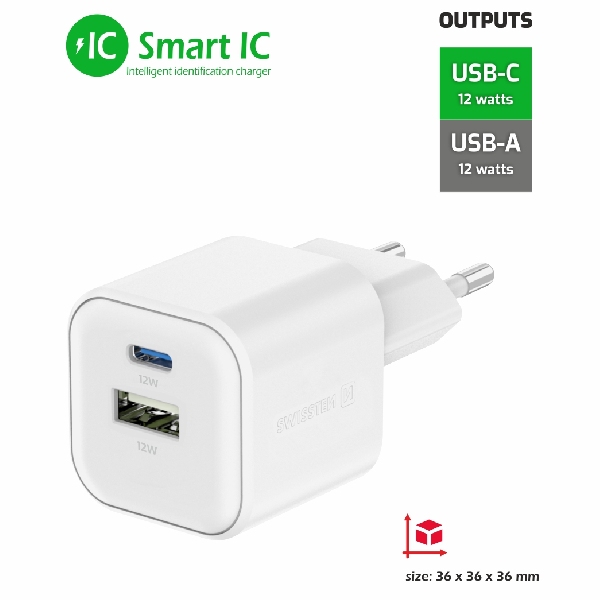 Swissten sieťový adaptér 1x USB-C + 1xUSB-A 12W, bílý Swissten sieťový adaptér 1x USB-C + 1xUSB-A 12W, bílý