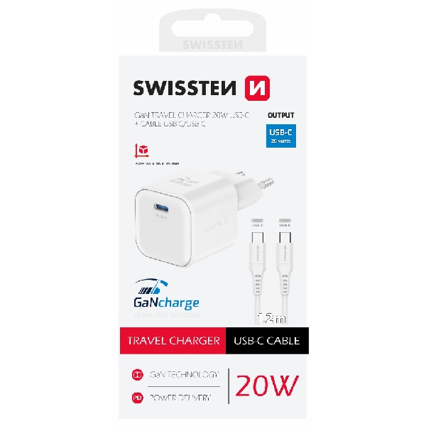 SWISSTEN GaN network adapter 1x USB-C 20 W PD, white + Data cable USB-C/USB-C 1,2 m, white SWISSTEN GaN network adapter 1x USB-C 20 W PD, white + Data cable USB-C/USB-C 1,2 m, white