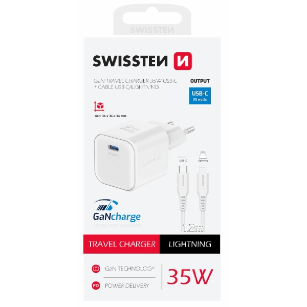 SWISTEN síťový adaptér 1x USB-C 35 W PD, bílý + datový kabel USB-C/lightning 1,2 m, bílý SWISTEN síťový adaptér 1x USB-C 35 W PD, bílý + datový kabel USB-C/lightning 1,2 m, bílý