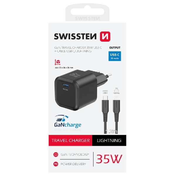 SWISTEN síťový adaptér 1x USB-C 35 W PD, černý + dátový kabel USB-C/lightning 1,2 m, černý SWISTEN síťový adaptér 1x USB-C 35 W PD, černý + dátový kabel USB-C/lightning 1,2 m, černý