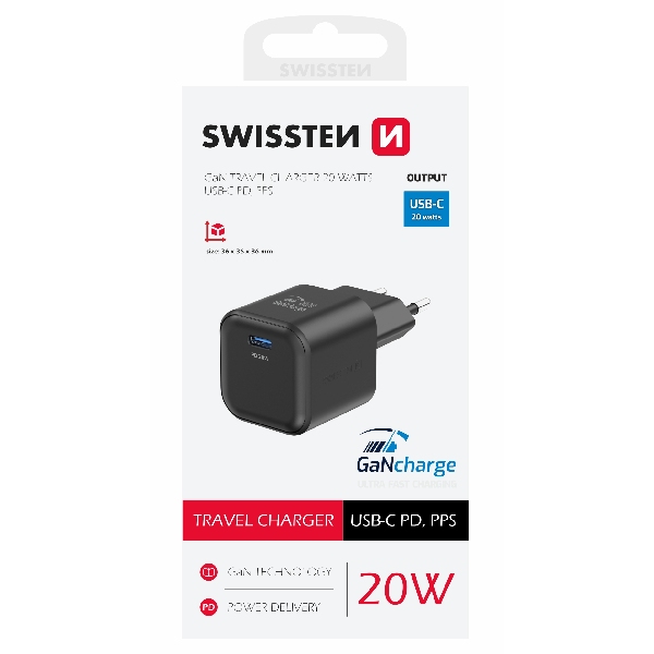 SWISTEN síťový adaptér GaN 1x USB-C 20 W PD, černý SWISTEN síťový adaptér GaN 1x USB-C 20 W PD, černý