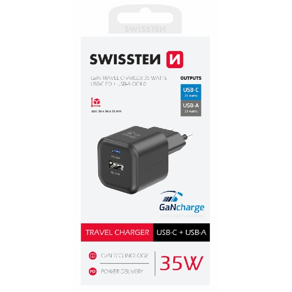 SWISTEN síťový adaptér GaN 1x USB-C 35 W PD + 1x USB-A 27 W QC, černá SWISTEN síťový adaptér GaN 1x USB-C 35 W PD + 1x USB-A 27 W QC, černá