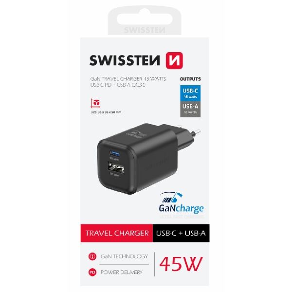 SWWISTEN síťový adaptér GaN 1x USB-C 45 W PD + 1x USB-A 18 W QC, černý