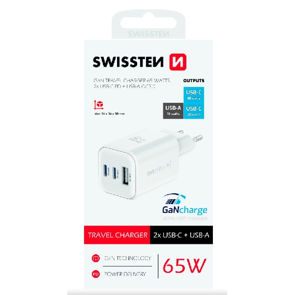 SWWISTEN síťový adaptér GaN 2x USB-C 65 W PD + 1x USB-A 18 W QC, bílý SWWISTEN síťový adaptér GaN 2x USB-C 65 W PD + 1x USB-A 18 W QC, bílý