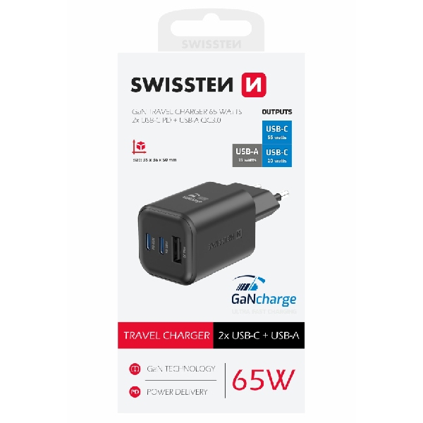 SWWISTEN síťový adaptér GaN 2x USB-C 65 W PD + 1x USB-A 18 W QC, černý SWWISTEN síťový adaptér GaN 2x USB-C 65 W PD + 1x USB-A 18 W QC, černý
