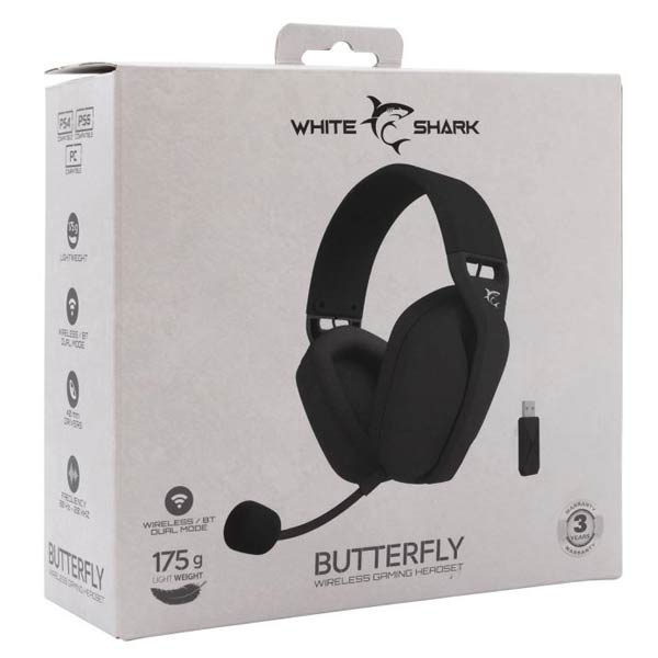 White Shark bezdrátové herní sluchátka BUTTERFLY, pre PC, PS4/5, XBOX, MAC, černé White Shark bezdrátové herní sluchátka BUTTERFLY, pre PC, PS4/5, XBOX, MAC, černé
