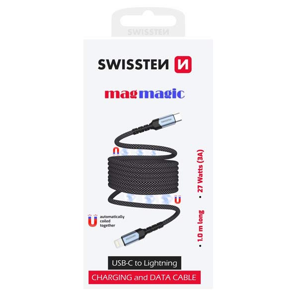 SWISSTEN Magnetický datový kabel USB-C/Lightning s automatickým návinem, 1 m