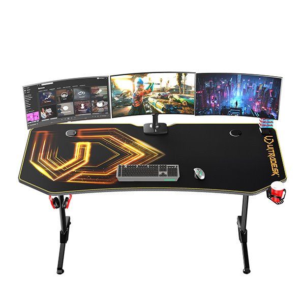 ULTRADESK herní stůl FRAG XXL GOLD, 160 x 75 cm, 75 cm, držák nápojů a sluchátek, stojan BEAM, s celoplošnou XXL podl ULTRADESK herní stůl FRAG XXL GOLD, 160 x 75 cm, 75 cm, držák nápojů a sluchátek, stojan BEAM, s celoplošnou XXL podl