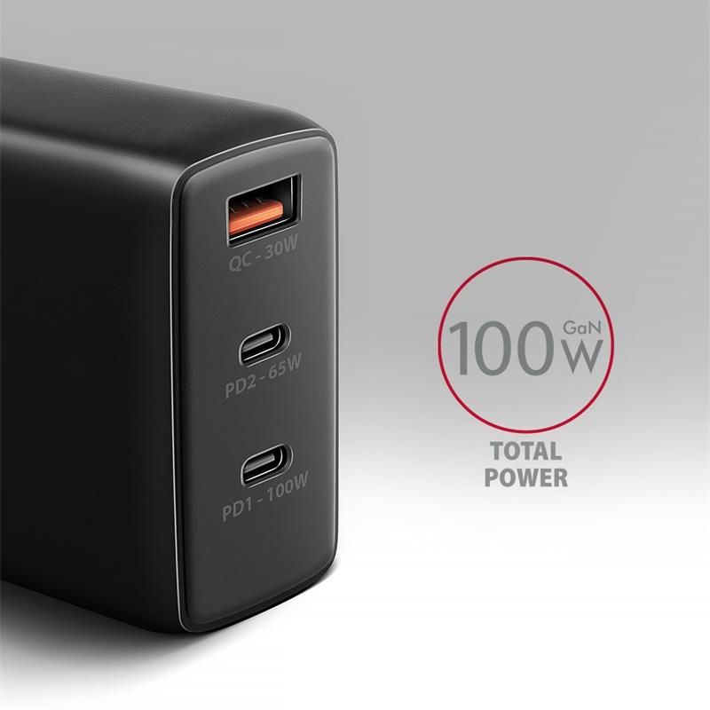 AXAGON ACU-DPQ100, GaN nabíjačka do siete 100W, 3x port (USB-A + dual USB-C), PD3.0/PPS/QC4+/Apple, čierná AXAGON ACU-DPQ100, GaN nabíjačka do siete 100W, 3x port (USB-A + dual USB-C), PD3.0/PPS/QC4+/Apple, čierná
