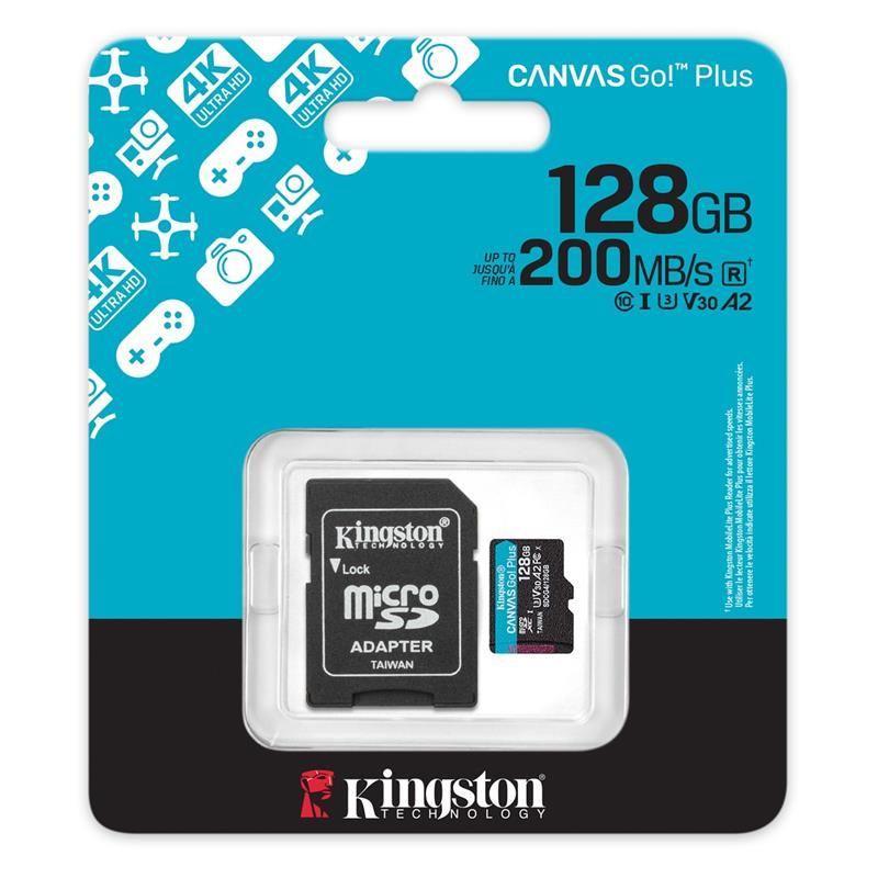 Kingston 128GB microSDXC Canvas Go Plus Gen4 200MB/s A2 U3 V30 + adaptér Kingston 128GB microSDXC Canvas Go Plus Gen4 200MB/s A2 U3 V30 + adaptér
