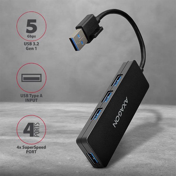 AXAGON HUE-G1A, 4x USB 3.2 Gen 1 SLIM hub, kabel Type-A 14 cm napevno AXAGON HUE-G1A, 4x USB 3.2 Gen 1 SLIM hub, kabel Type-A 14 cm napevno