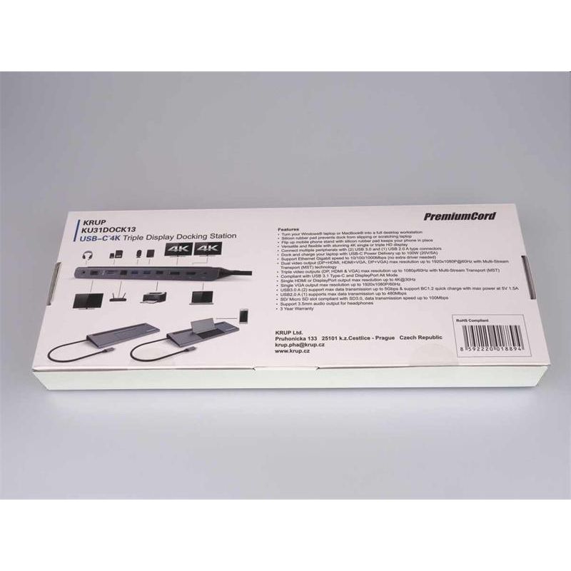 PremiumCord USB-C Full Size MST Dokovacia stanica vhodná pod notebook PremiumCord USB-C Full Size MST Dokovacia stanica vhodná pod notebook