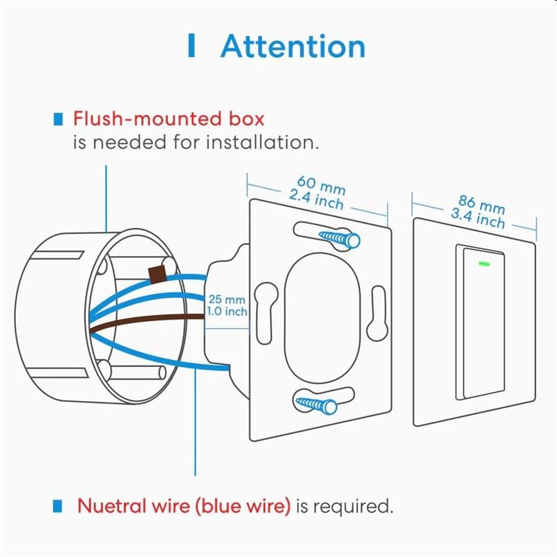 Meross Smart Wi-Fi nastenny vypinac 1 Gang 2 way Touch Button Neutral Wire Required