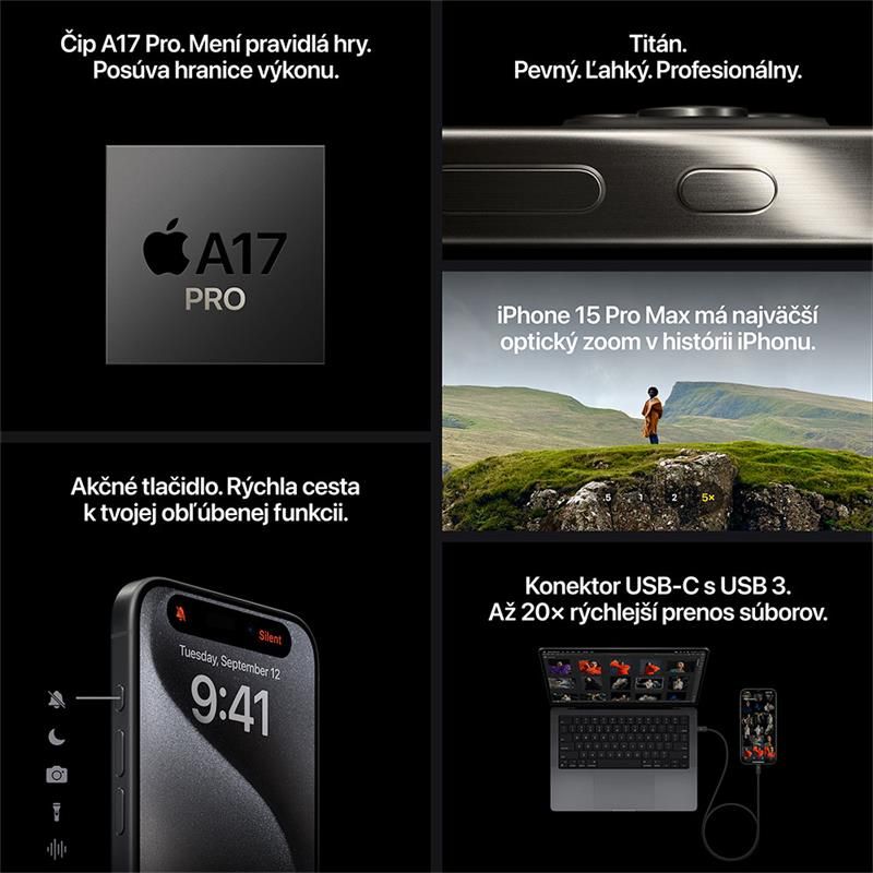 iPhone 15 Pro Max 256 GB bílý titán *Použitý s DPH – Třída A* iPhone 15 Pro Max 256 GB bílý titán *Použitý s DPH – Třída A*