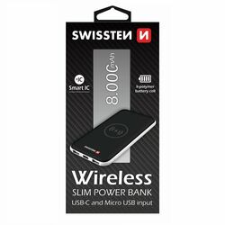 Powerbank Swissten Slim 8000 mAh s bezdrátovým nabíjením a USB-C vstupem, černý na playgosmart.cz