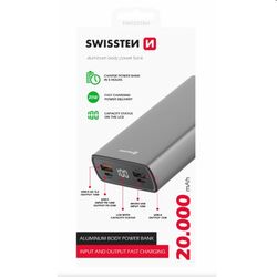 Swissten Aluminum Powerbank 20 000 mAh 20W, PD, šedá