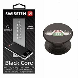 Swissten Black Core Slim Powerbank 30.000 mAh + Popsockets Central Perk   