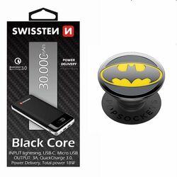 Swissten Black Core Slim Powerbank 30.000 mAh + Popsockets Enamel Batman  