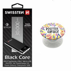 Swissten Black Core Slim Powerbank 30.000 mAh + Popsockets Positive Energy PG