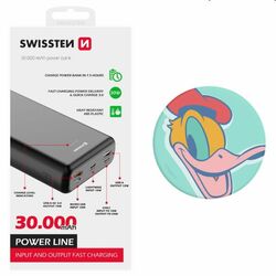 Swissten Power Line Powerbank 30 000 mAh 20W, PD, black + Popsockets Donald Pop Art   