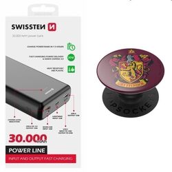 Swissten Power Line Powerbank 30 000 mAh 20W, PD, black + Popsockets Gryffindor  