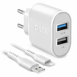 SBS Cestovní nabíjecí sada, Ultra Fast Charge, 2x USB/Lightning MFI C-89 kabel, bílá