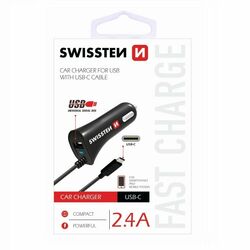 Autonabíječka Swissten 2.4A se zabudovaným USB-C kabelem a USB konektorem