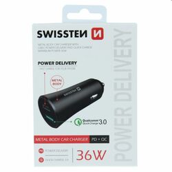 Autonabíječka Swissten s podporou Power Delivery USB-C + Qualcomm 3.0, 36W, matná černá