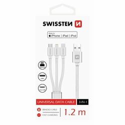 Datový kabel Swissten textilní 3 v 1 as podporou rychlonabíjení, stříbrný